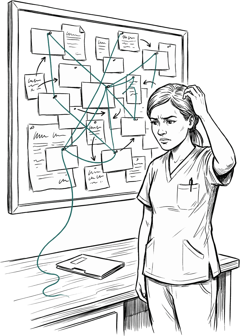 A confused nurse in scrubs before a detective pin board of blank cards joined by teal cotton threads, one thread trailing to a neat folder.