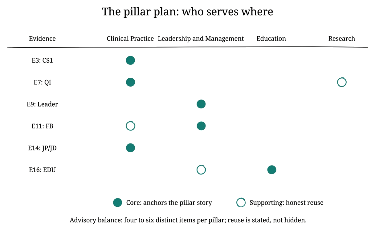 A pillar plan table: six evidence items across the four pillars, with filled circles for Core roles and open circles for Supporting reuse.