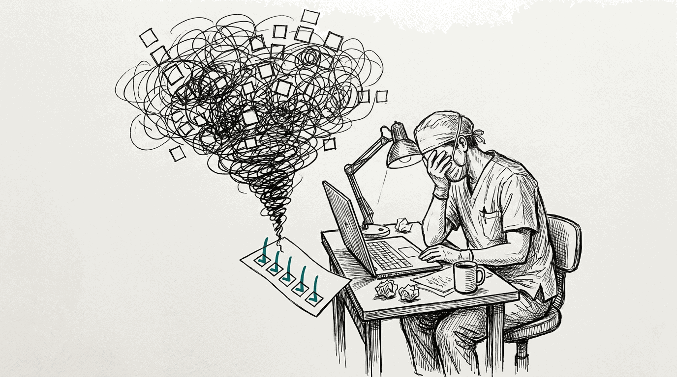 A clinician at a small desk at night while a fog of portal menus and checkboxes condenses into one neat packing list.