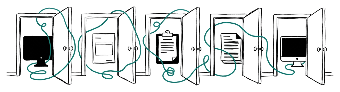A clinician in scrubs lifts a packed rucksack in front of a door crossed out with a red X, while beside him a filing cabinet stands with an open drawer of folders glowing teal.