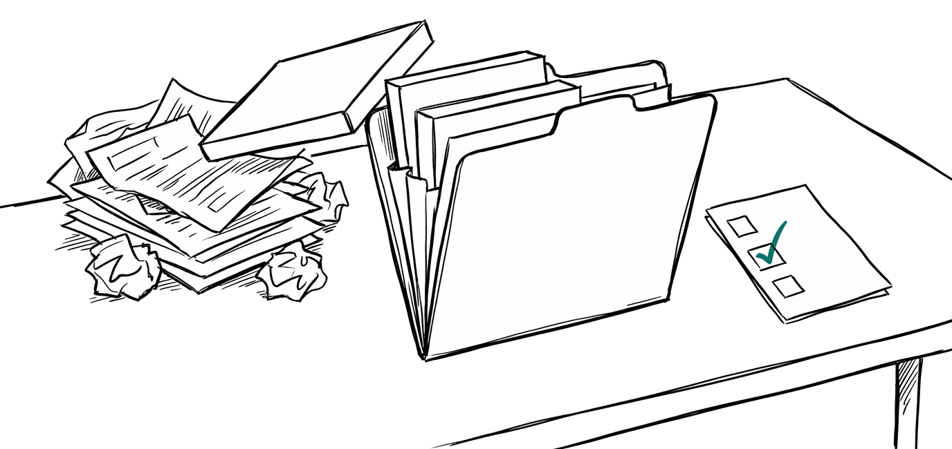 An open folder receiving neat labelled boxes from a messy pile of papers, with one teal tick on a small checklist.