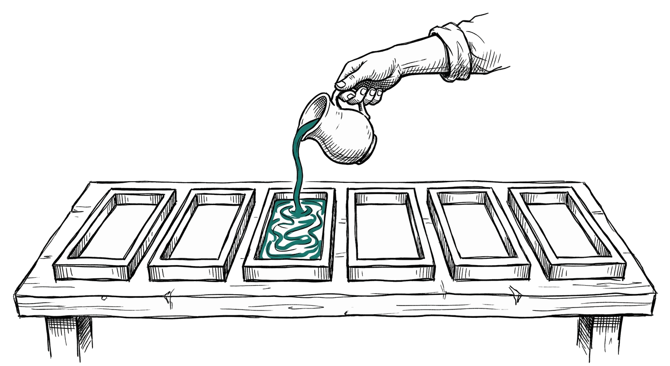 Six empty frame moulds on a workbench while a hand pours handwritten lines into one of them from a small jug.