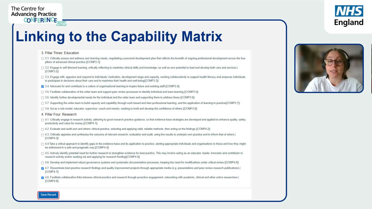 The capability matrix on the evidence form: pillar lists of capabilities with checkboxes, three of them ticked against real work, and the Save Record button below.