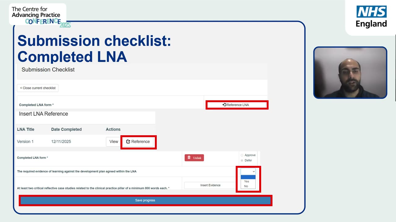 The digital checklist screen: a completed LNA row with Reference and Insert LNA Reference controls, a requirement row about the two critical reflective case studies with an Insert Evidence button and a Yes or No dropdown, Approve and Defer options, and the Save progress bar.