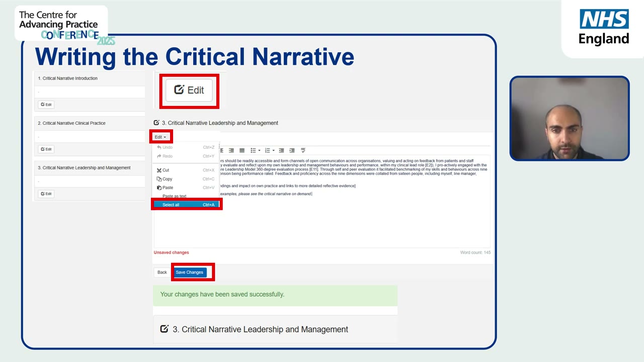 The narrative editor with the routine highlighted: the Edit button, the Select all option for pasting, the red Unsaved changes notice, the word count at the bottom right, the Save Changes button, and the green confirmation that changes have been saved.