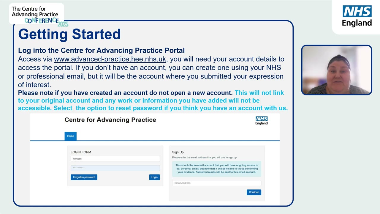 The portal login screen: the Centre for Advancing Practice login form with username and password, a sign-up panel, and the warning not to open a new account if one already exists, because the work must link to the account that submitted the expression of interest.